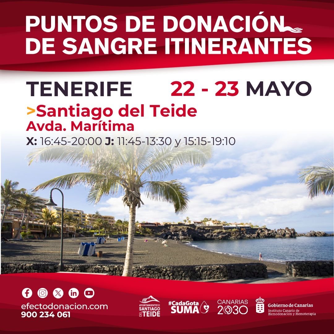 Playa de La Arena ospiterà questo mercoledì 22 e giovedì 23 maggio un punto itinerante di donazione di sangue