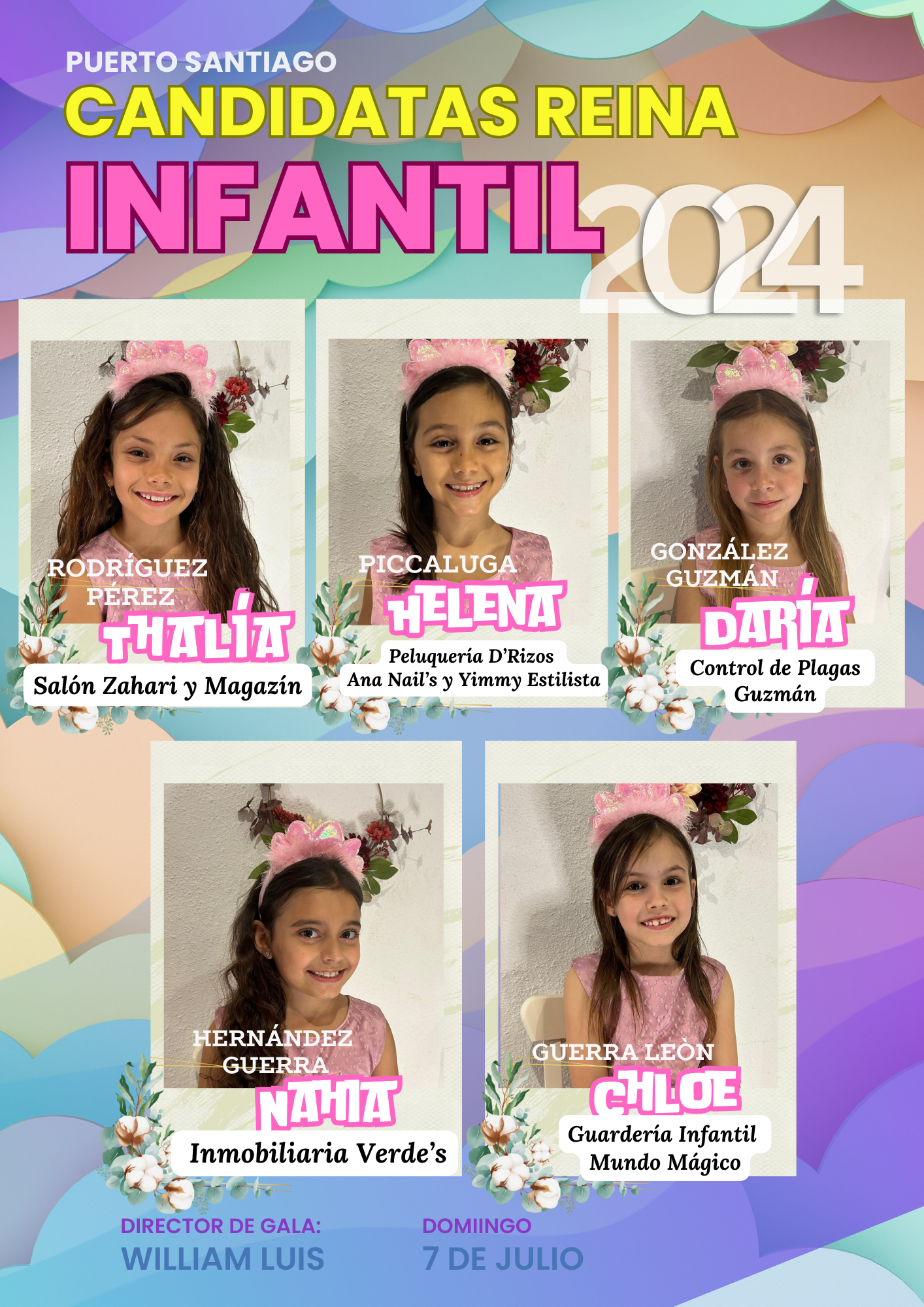 5 candidatas aspiran a convertirse en Reina Infantil de las Fiestas en Honor a Nuestra Señora del Carmen 2024