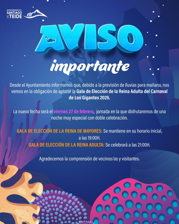 The Adult Carnival Queen Gala in Los Gigantes has been postponed due to rain forecast.